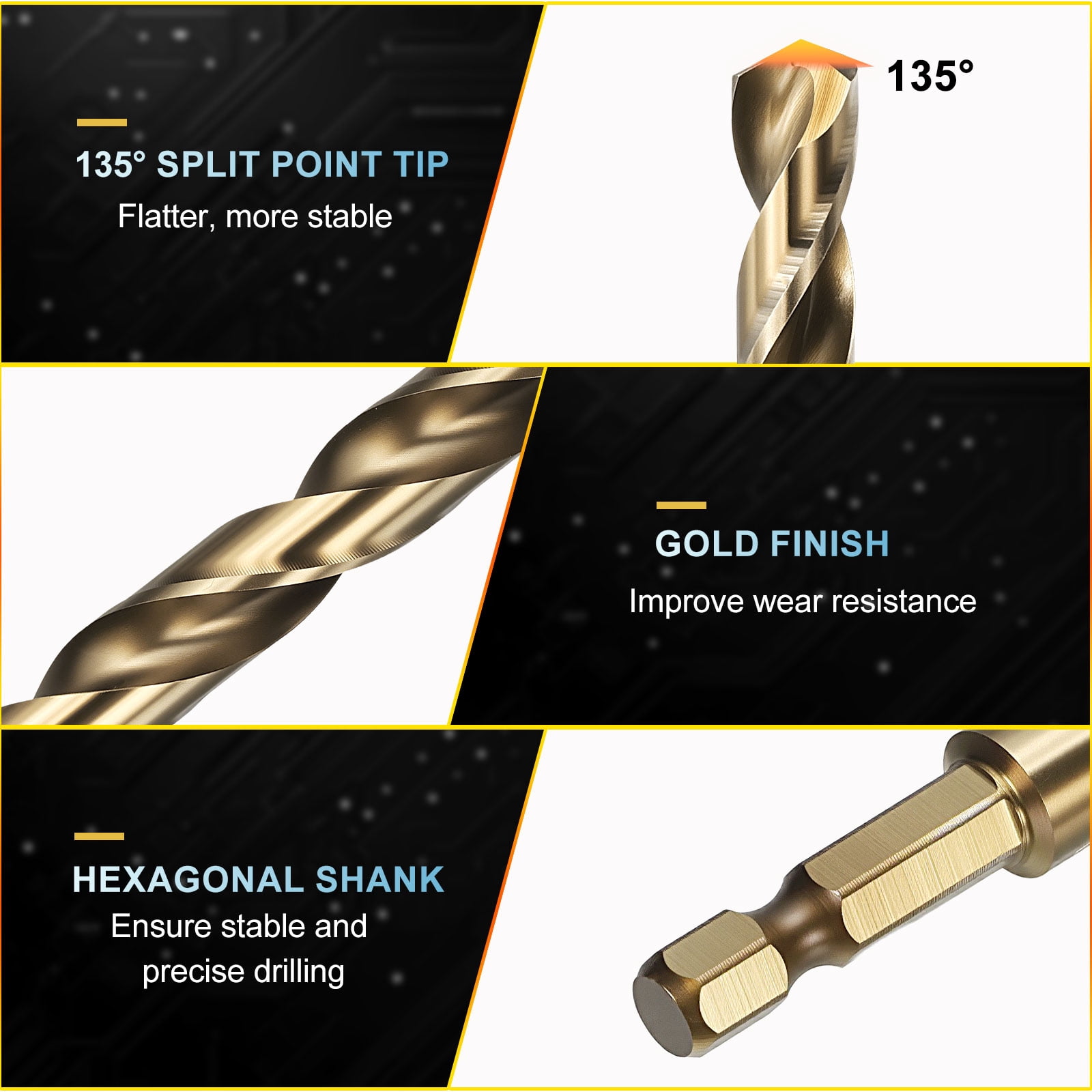 Uxcell 13mm Hex Shank Drill Bit, M2 High-Speed Steel Bits Quick Change Design for Impact Driver 135° Gold Finish for Stainless Steel Hard Metal - 2 Pack