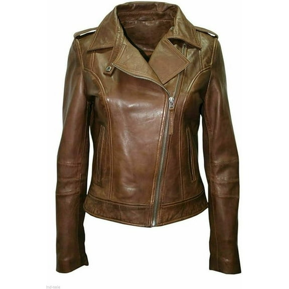 Womens Genuine Brown Lambskin Leather Jacket Motorcycle Biker Collared Leather Jacket W403