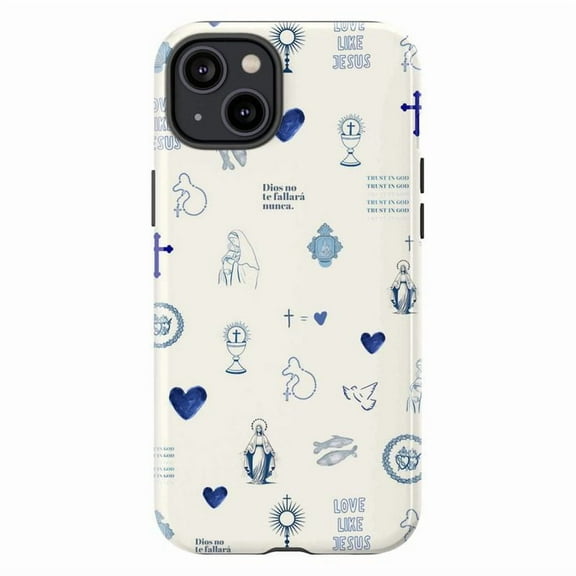 Catholic Faith Phone Case, Spanish Christian Symbols & Virgin Mary Design, Religious Motivational iPhone Cover for iPhone 16 15 14 13 12 11 Pro Plus Mini