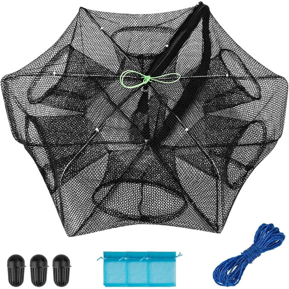 QualyQualy Fishing Bait Trap Crab Net Fishing Trap for Minnow/Crab/Shrimp/Crawdad with Rope, 6 Holes Large Space Fishing Net