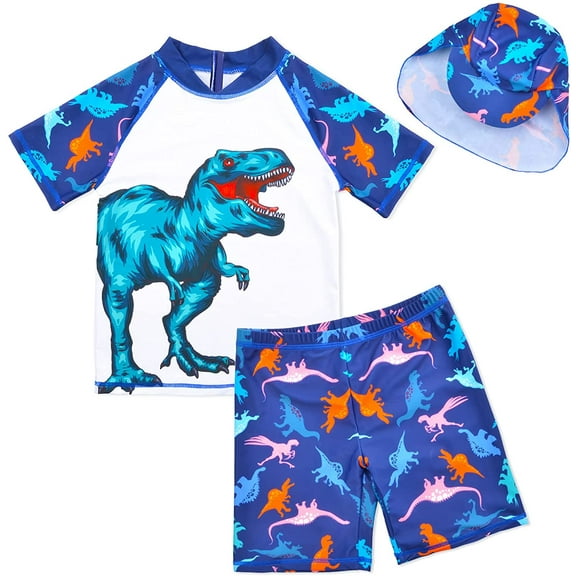 Nidoul Kids Boys Swimsuit Two Piece UV Sun Protection Swimwear Dinosaur Short Sleeve Kids Rash Guard Bathing Suit with Sun Cap UV Protection 3-6 Years