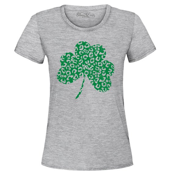 Shop4Ever Women's Leopard Print Shamrock St. Patrick's Day Graphic T-Shirt Medium Sports Grey