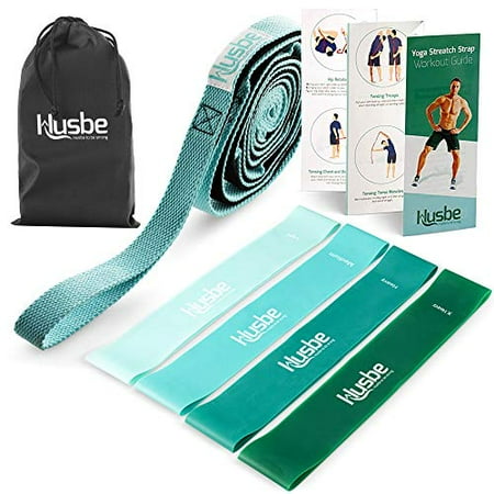 Husbe Exercise Set: 4. Levels of Resistance Bands. and 1. Non-Elastic Nylon Stretch Out Strap. Carry Bag, Work-Out Guide.