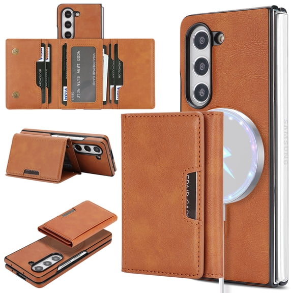 Designed for Samsung Galaxy Z Fold8 Ultra Wallet Case,2-in-1 Magnetic Detachable Card Holder,Compatible with Mag-safe,With Kickstand,PU Leather Anti-Scratch Shockproof Rugged Phone Case,Brown