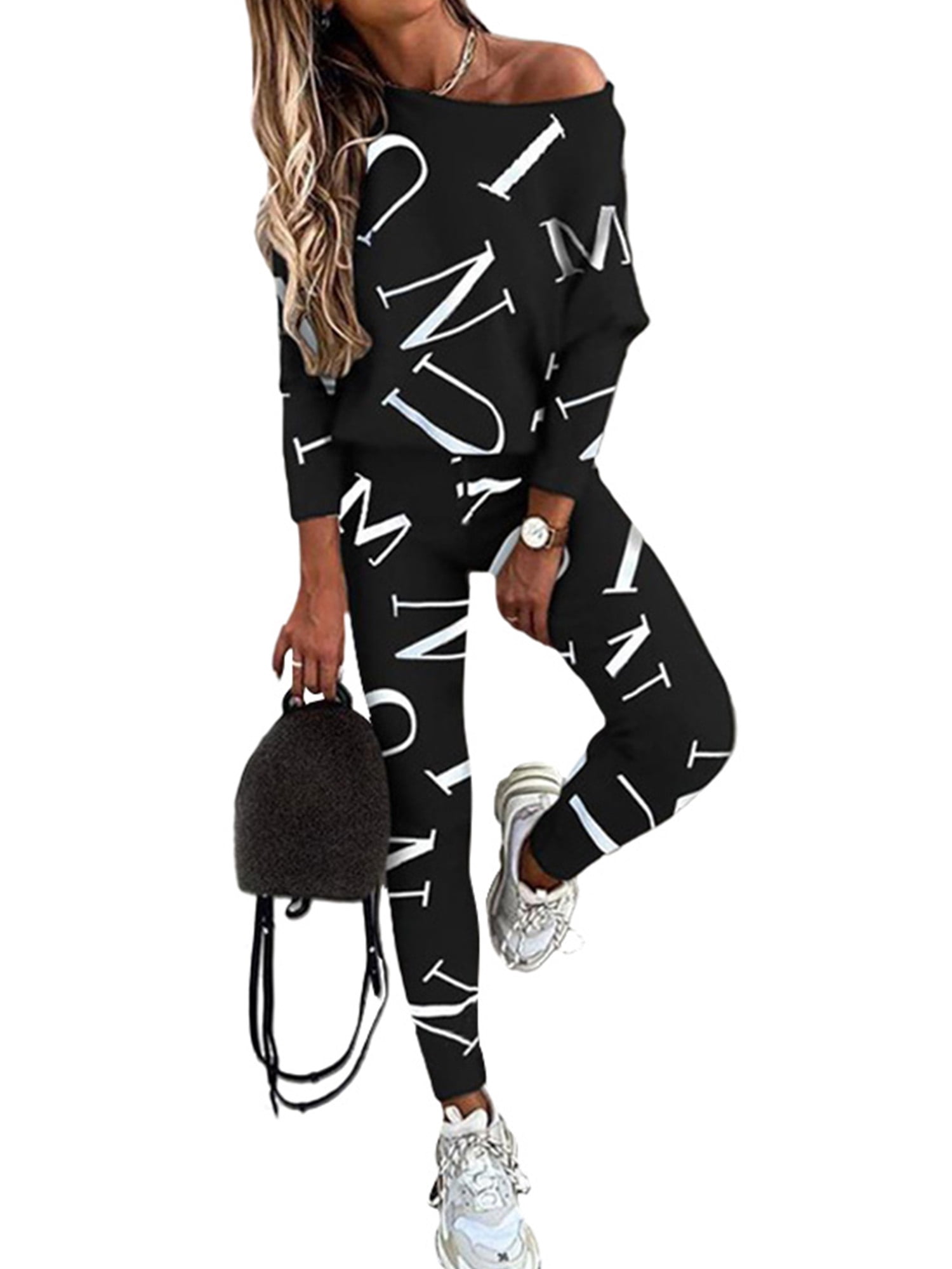 Avamo Two Piece Outfits for Women Letter Print Casual Sweatsuits Bikers ...