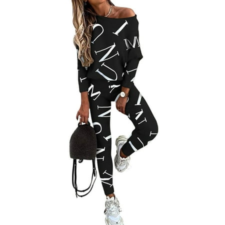 

Lounge Set for Women Long Sleeve Off Shoulder Nightwear Pjs Set Print Casual Pajama T-shirt and Pants