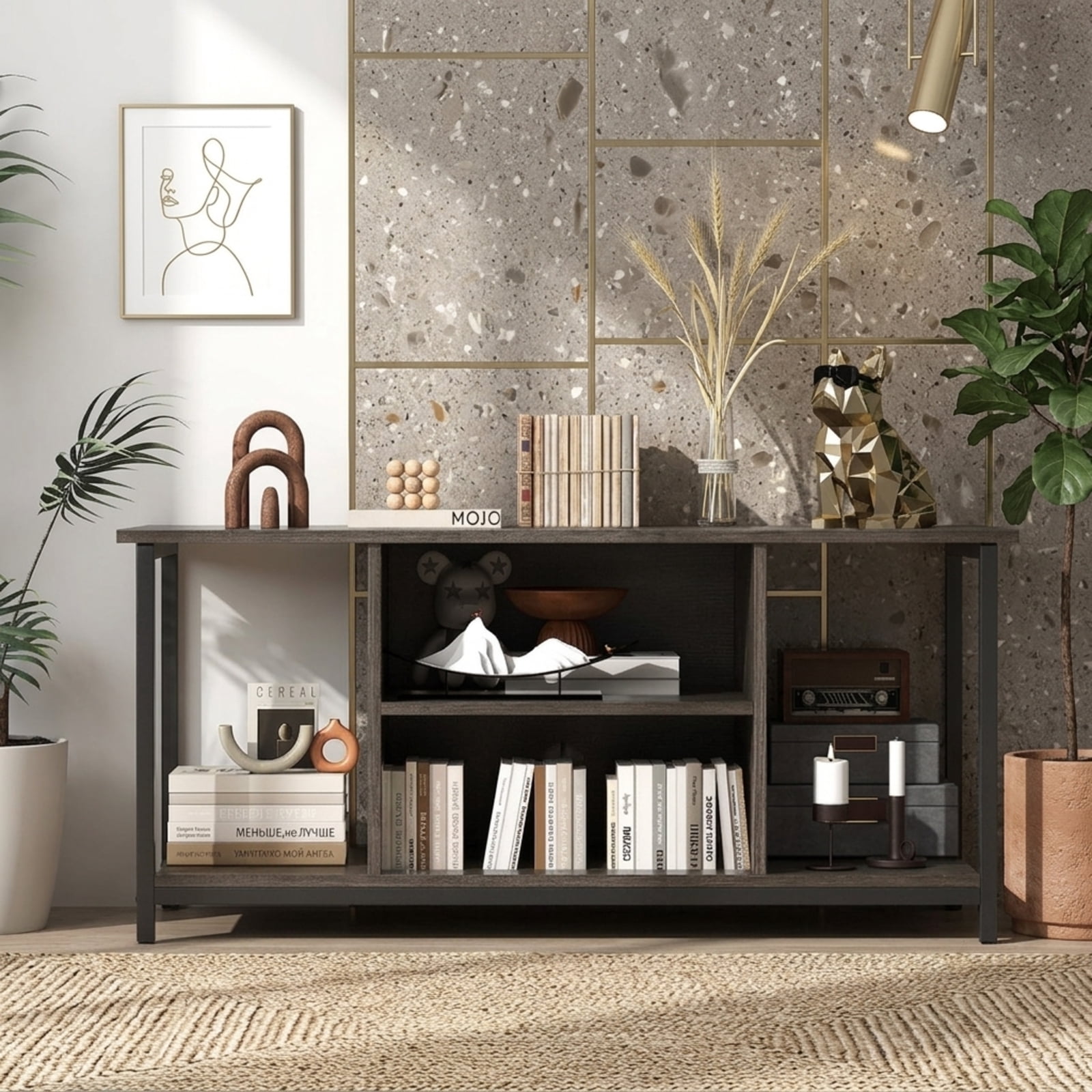 Furnibear 3 Tier TV Stand Entertainment Center with Power Outlet USB Ports and Adjustable Shelf for Living Room Media Storage, Gray