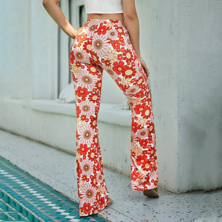 Floral Flare Leggings for Women, Elastic High Waist Bell Bottom Yoga Pants,  70s Vintage Skinny Summer Casual Pants
