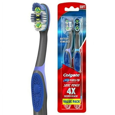 Colgate 360 Sonic Battery Power Electric Toothbrush With Floss-Tip Bristles And Tongue And Cheek Cleaner, Soft - 2 Count