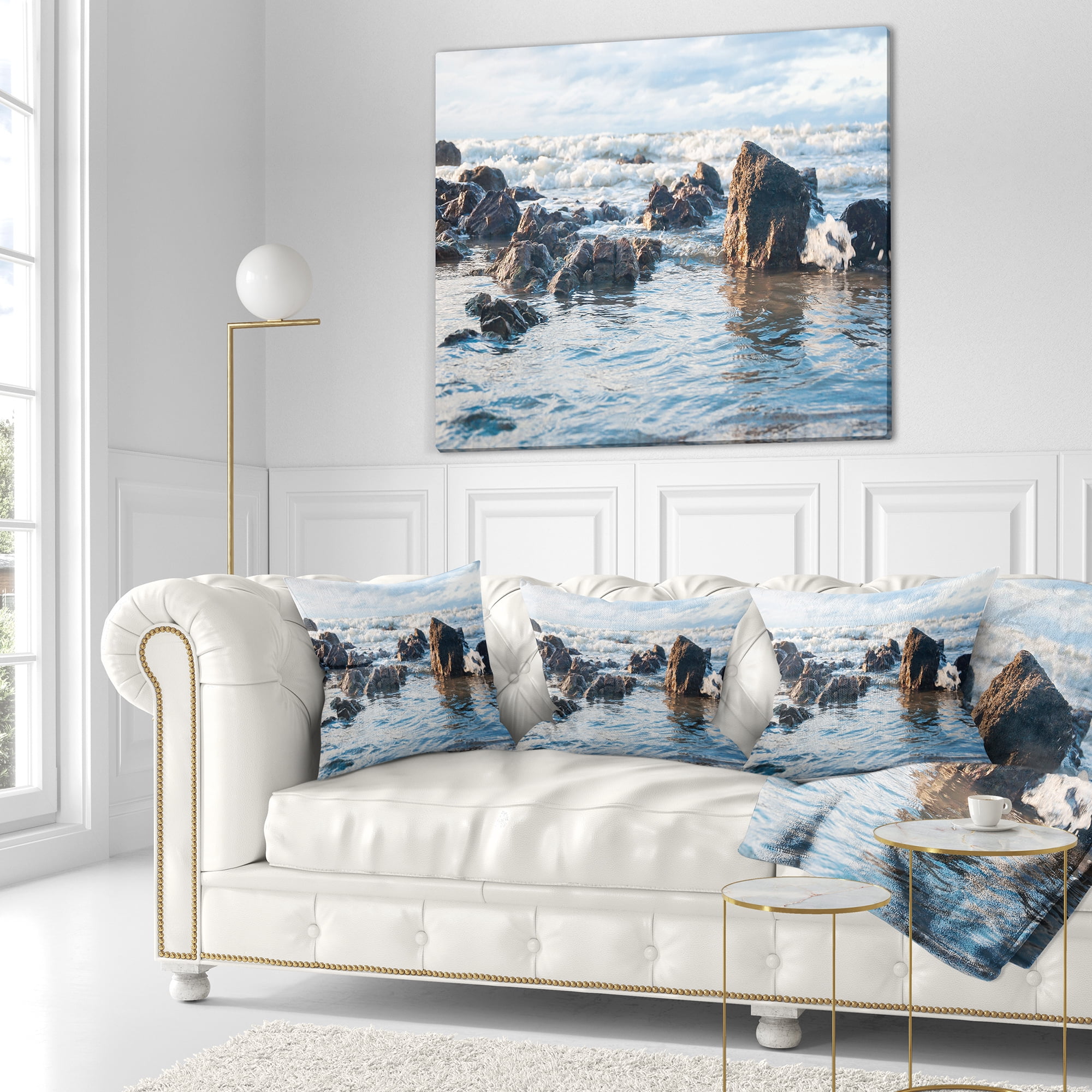 Designart Sea Foam in Empty Rocky Seaside - Seascape Throw Pillow - 18x18