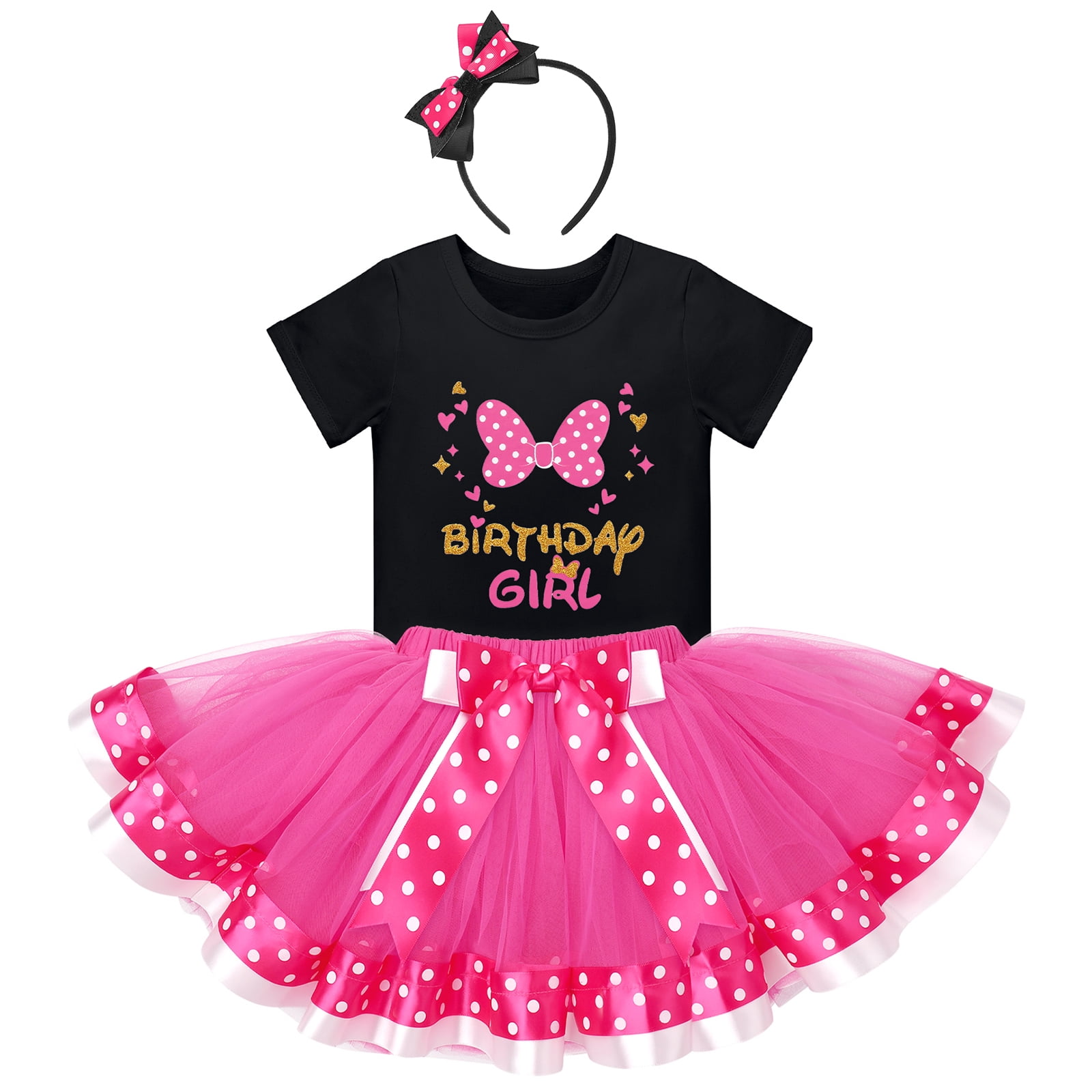 IBTOM CASTLE Toddler Girls Birthday Outfit Polka Dots Tops Tutu Skirt Mouse Ears Headband for Cake Smash Photo Shoot 3 Years Black + Hot Pink - Bowknot