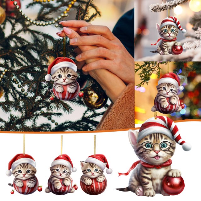 SIfdSeng Tree Hanging Decorations 4Pc 2D Acrylic Funny Cat Christmas Tree Ornament Cat Acrylic Ornament Acrylic Double Printing Funny Christmas Pendant Christmas White Elephant Gift 2D Fun Pendant