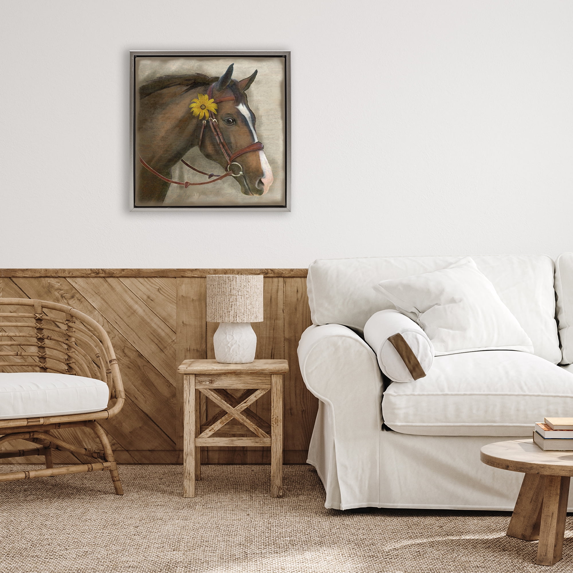 Stupell Industries Barnyard Horse with Daisy Gray Framed Floater Canvas Wall Art, design by Suzanne Nicoll