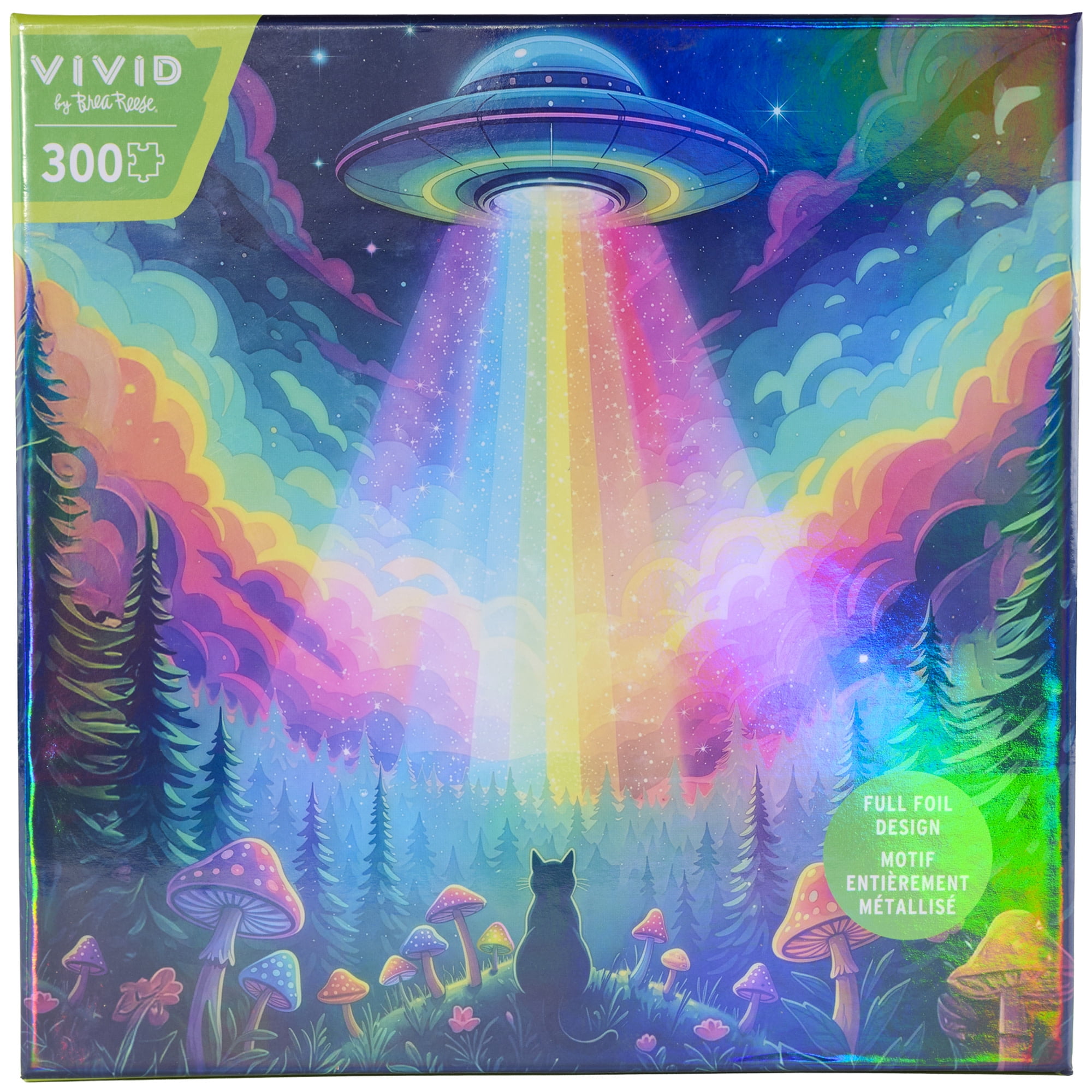 Vivid by Brea Reese: 300 Piece Puzzle - UFO Cat - Beam Me Up Spaceship Landscape Scene Jigsaw, Holographic Foil, Soft-Touch, Image Reference Poster