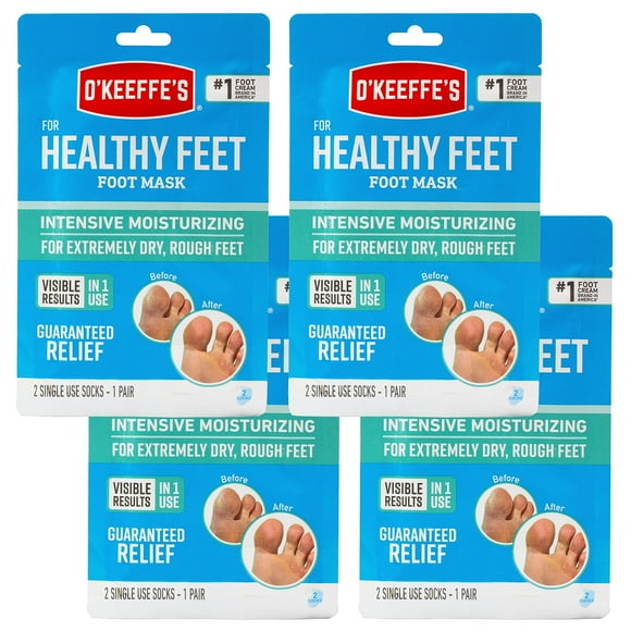 O'Keeffe's Masque Hydratant Intensif pour Pieds Sains; Soulagement Garanti pour Pieds Extrêmement Secs; Pieds Rugueux; une Paire de Chaussettes Hydratantes à Usage Unique; (Lot de 4)