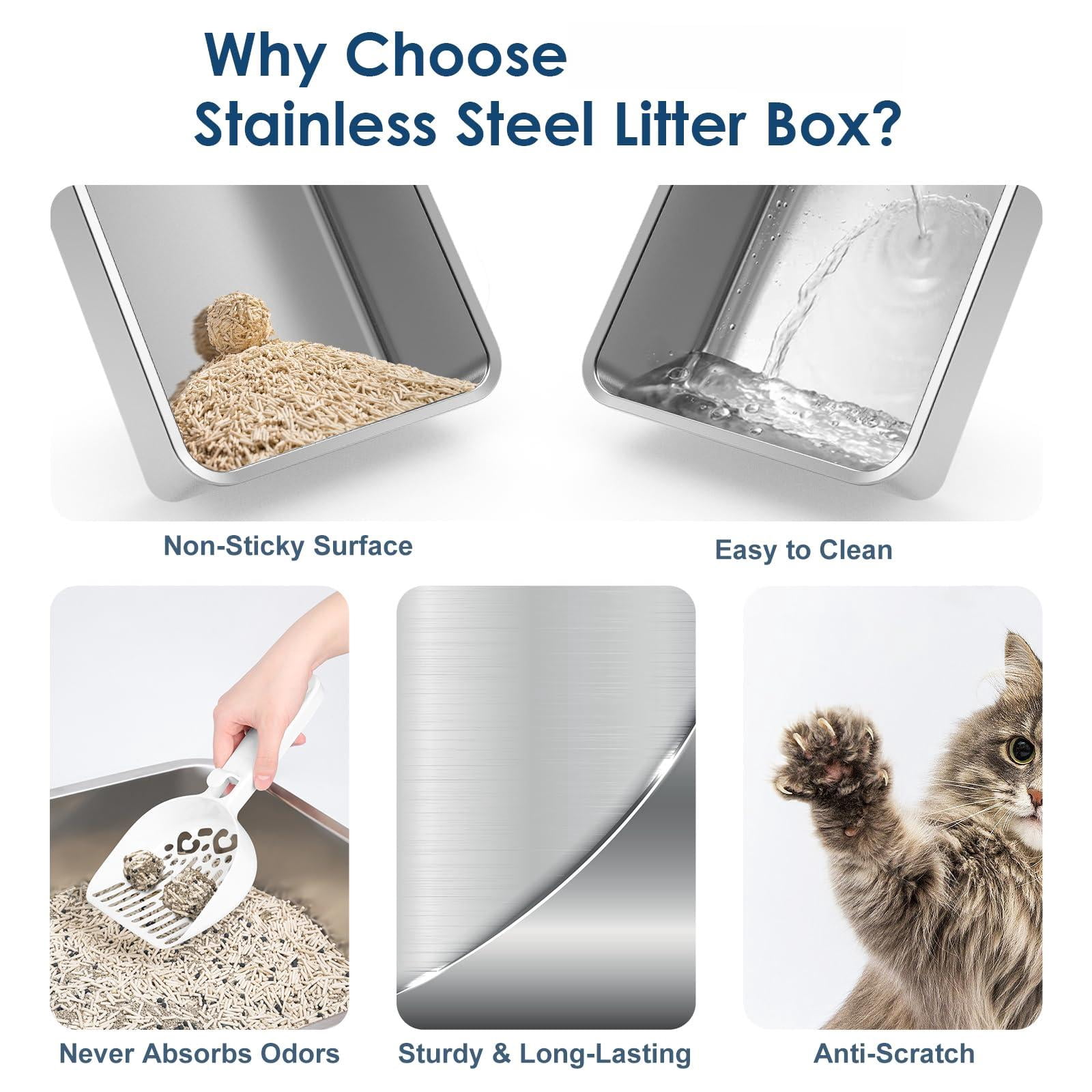 Stainless Steel Litter Box With Lid  Sifting For Pine Pellets 17.3"*13.4"*10.5" Enclosed Metal Boxes Small Cats & Kittens High Sided Anti-leakage Easy Cleaning Less Tracking
