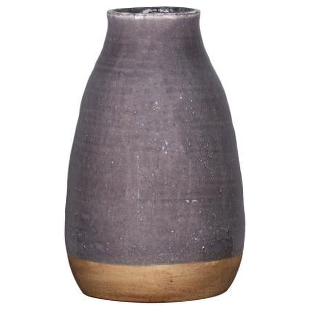 Urban Trends Collection 58205 Ceramic Round Vase with Narrow Rim Mouth, Cracked Design Body & Brown Banded Bottom, Gloss Finish - Dark Gray - Small
