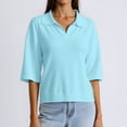 thumbnail image 2 of MIXUE Womens Summer Tops Solid Color Lapel V Neck Short Sleeve Loose Fit Casual Knitted T-shirts Sportwear,Blue,XL, 2 of 8