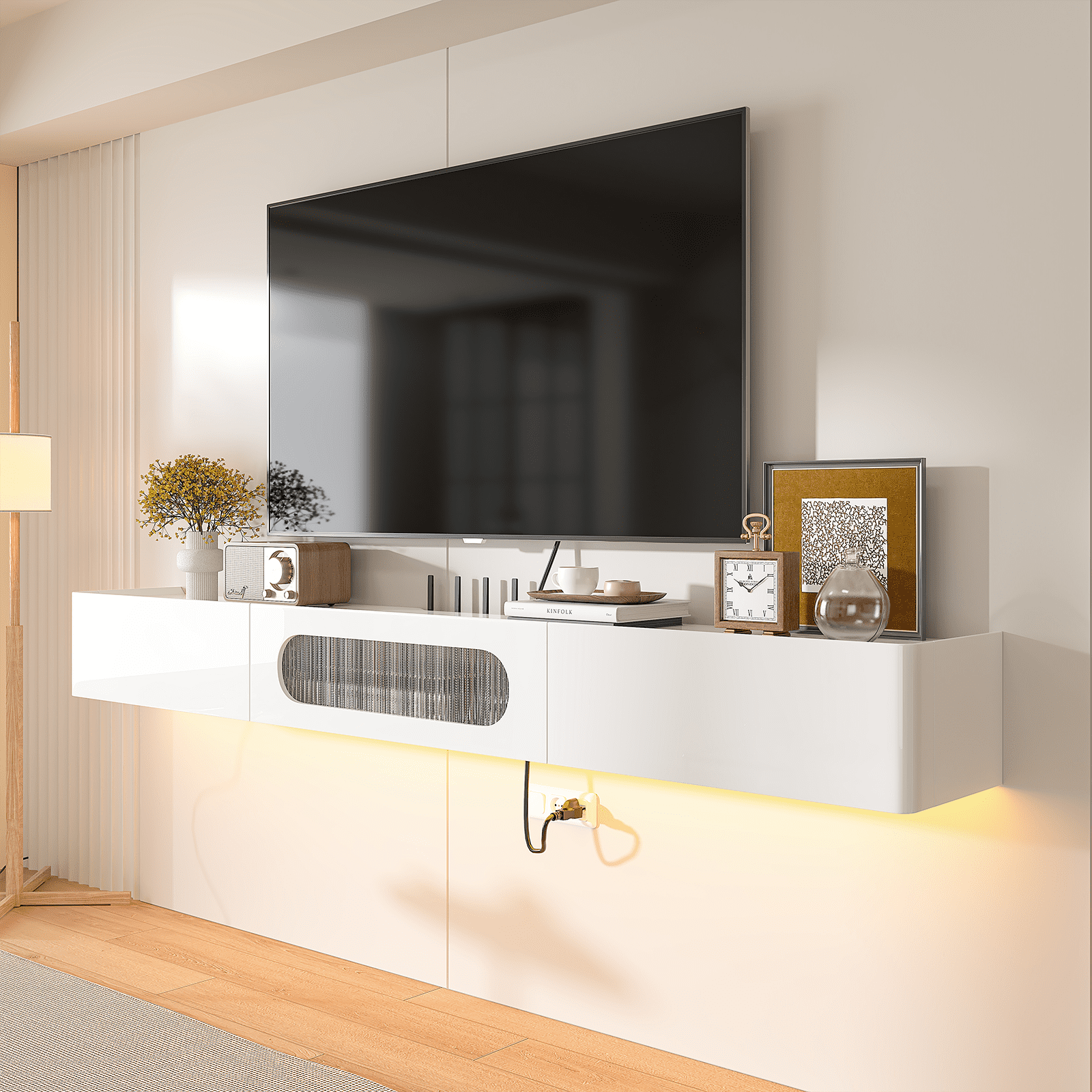 FloatiCasa 70 inch Fully Assembled High Gloss Floating TV Stand Wall-Mounted Entertainment Center for TVs up to 75"