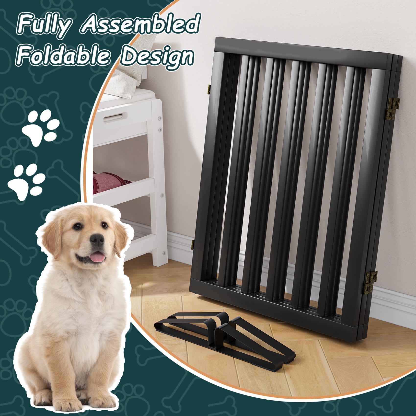 Algherohein Dog Gate for Inside,Bamboo Freestanding Pet Gate for Doorways,Indoor, 24" Black