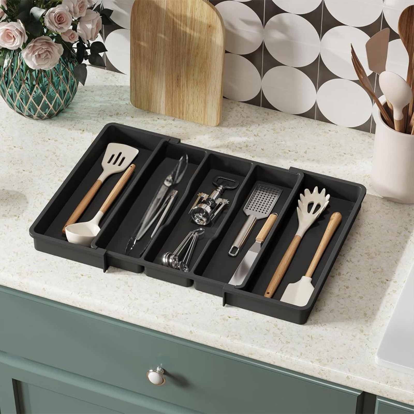 Silverware Organizer,Utensil Drawer Organizer,Drawer Storage Box,Kitchen Drawer Organizer,Plastic Cutlery Drawer Boxes for Kitchen and Household(Black 5pcs/Set 15.1x13.3x2.16in)from ANMUYUM