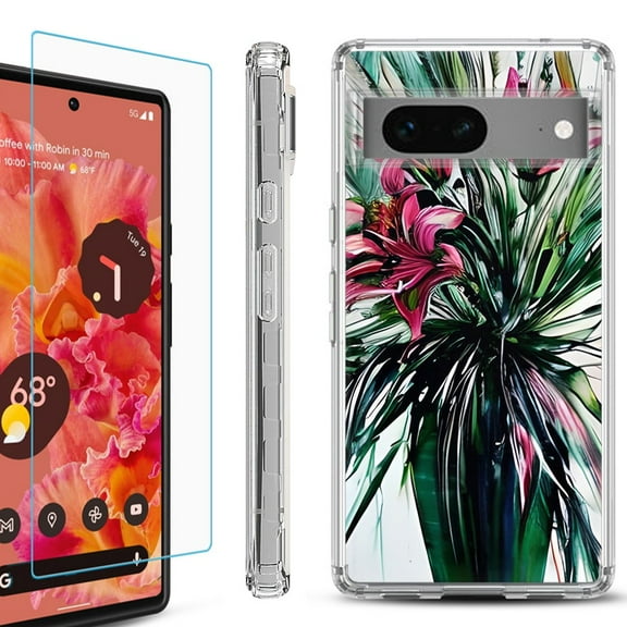 OneToughShield ® for Google Pixel 7a Shockproof Bumper Phone Case, with Tempered Glass Screen Protector - Lily