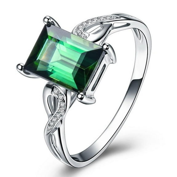Unique 1.25 Carat Green Emerald 7x5mm Emerald Cut And Moissanite Diamond Infinity Engagement Ring in 10k White Gold
