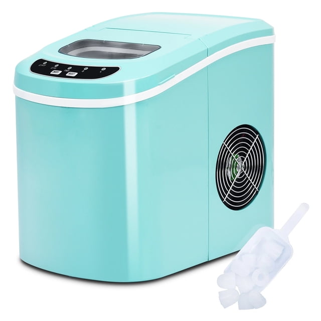 costway máquina de hacer hielo 12 kg / 24 h tanque del agua de 2,2 l con cuchara y cesta portátil para casa bar menta verde 25 x 36 x 32,5 cm Vista 3/4 frontal de la máquina de hielo menta verde con ventana superior transparente, panel de control negro con botones, ventilador lateral visible y cuchara con cubitos al frente; compacto, produce 9 cubitos en 6–13 min y hasta 12 kg en 24 h, adecuada para enfriar bebidas y preparar batidos.