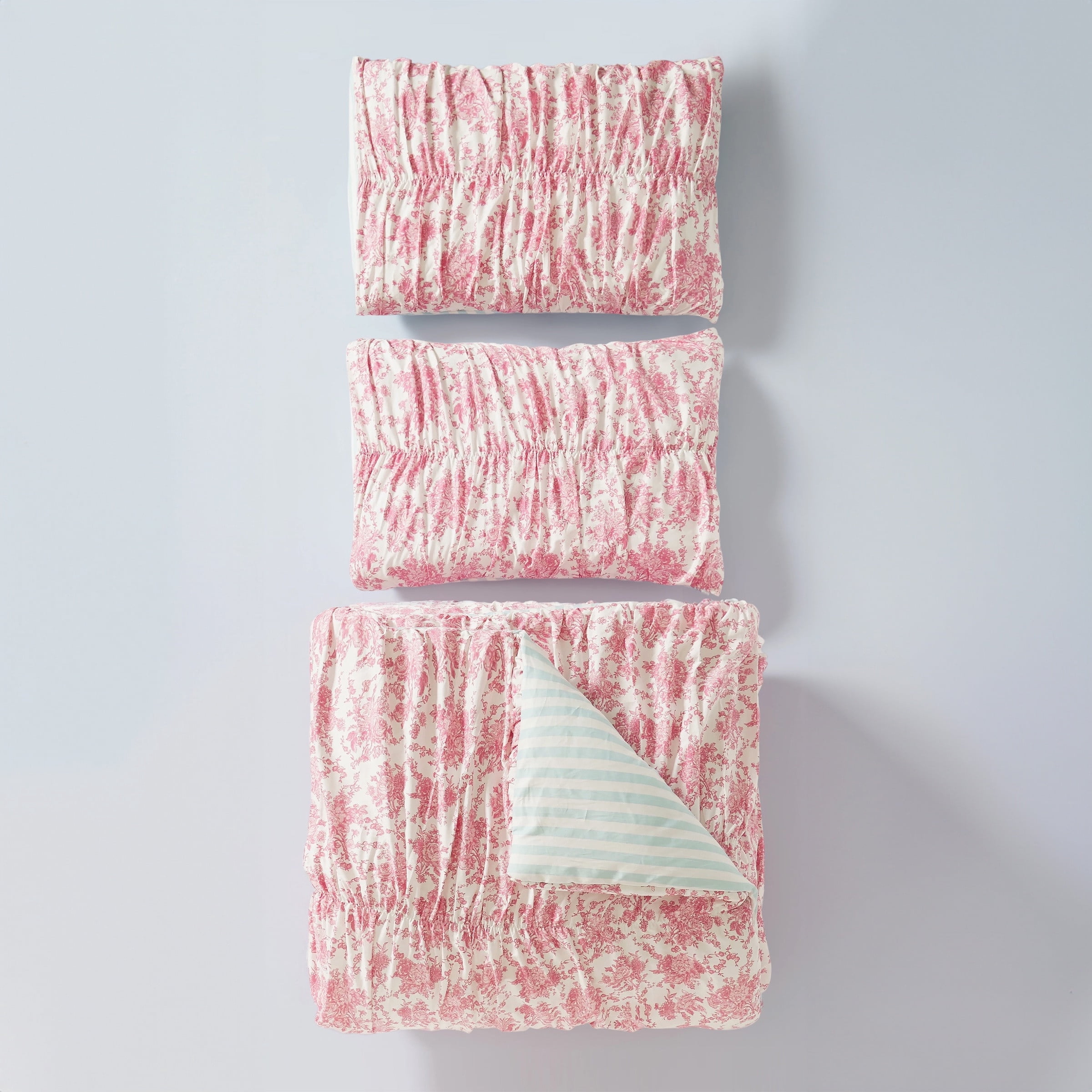 Fancy Toile Ruched Pink Floral Comforter Set for King Beds