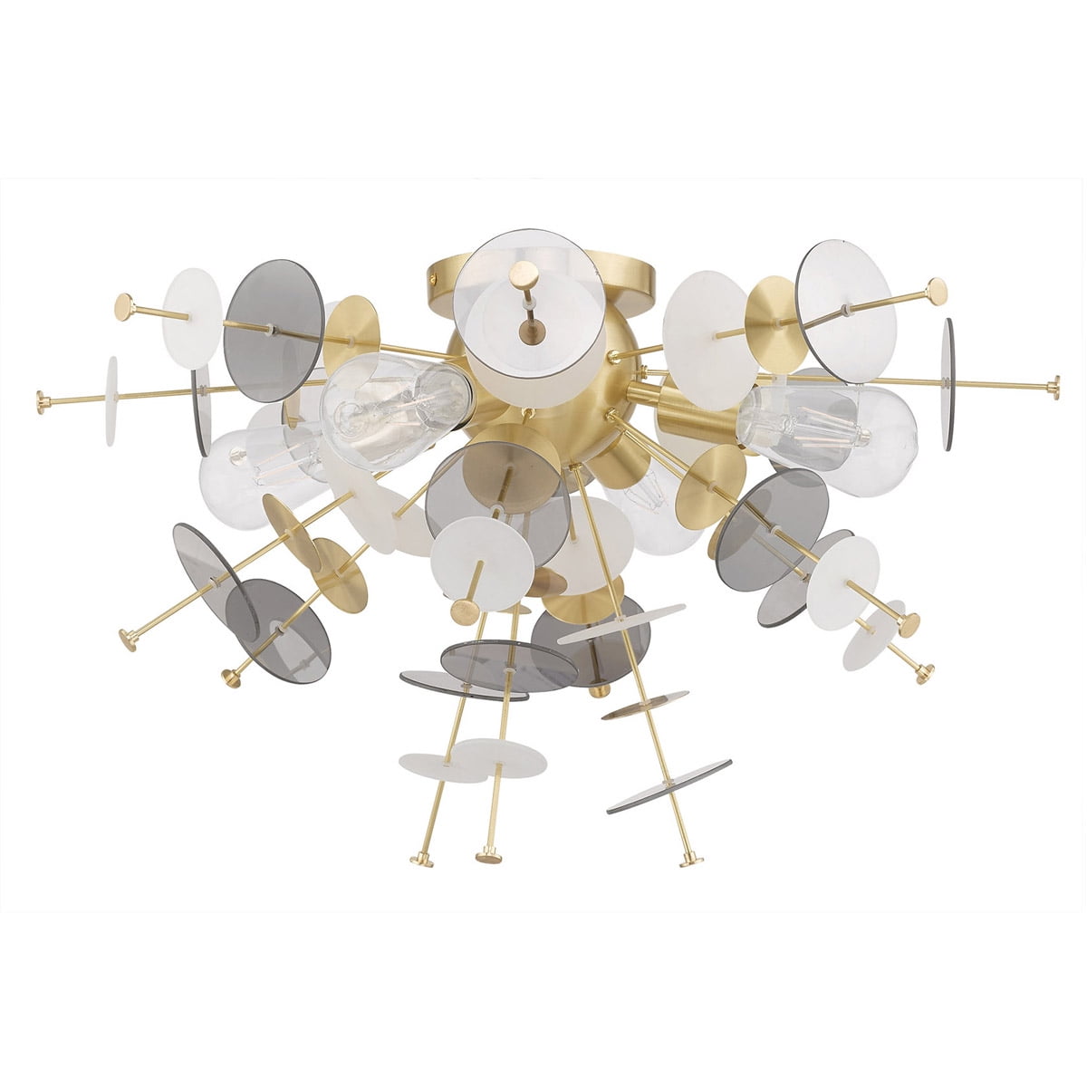 4 Light Satin Brass Ceiling Light fixture with Satin Brass Discs & Glass Discs Shade