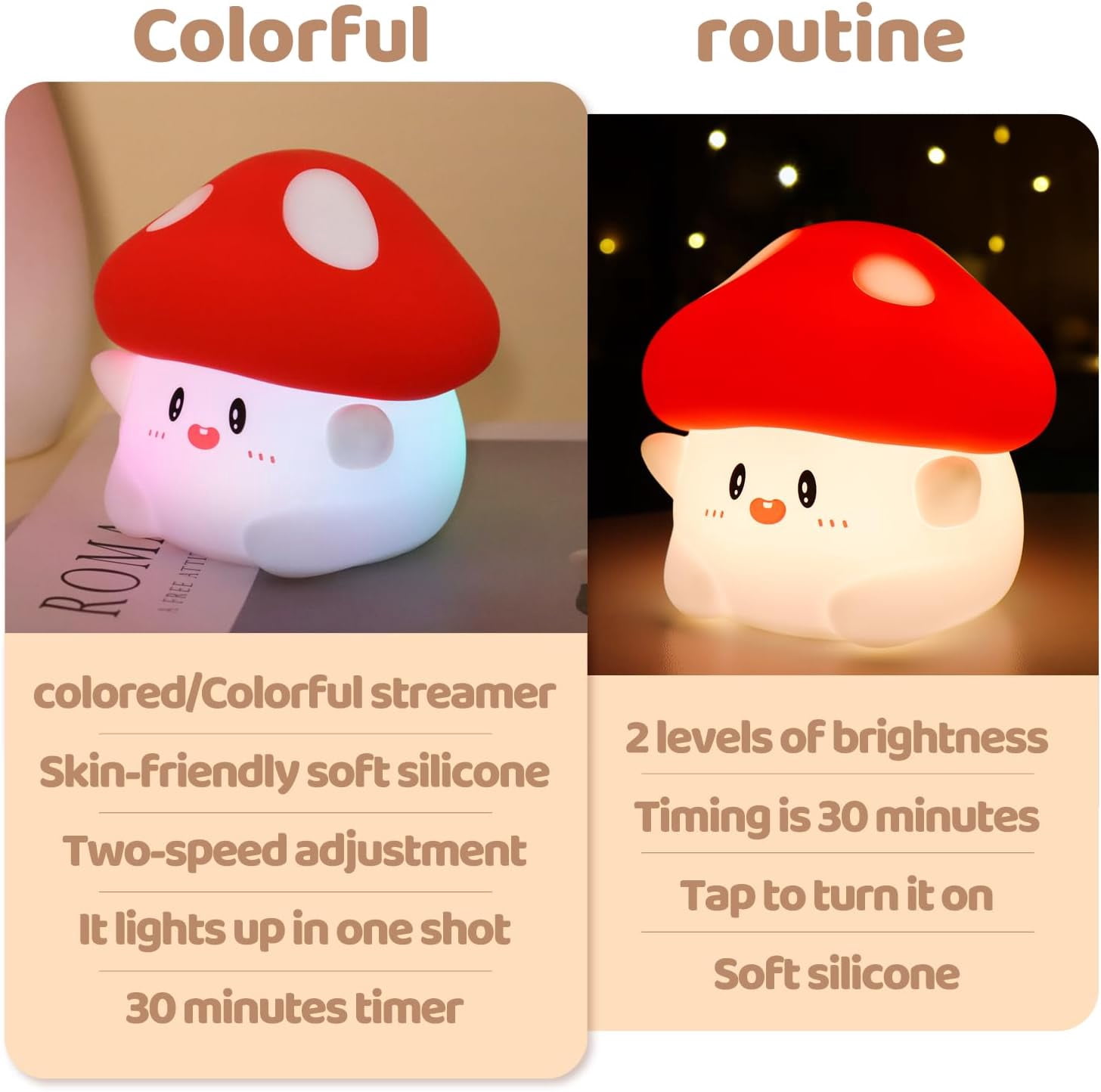 Mushroom Night Light, Color Changing & 50-Hour Battery, Squishy Lamp with Pat Control for Kids Room Decor, USB Rechargeable, Easter Gifts
