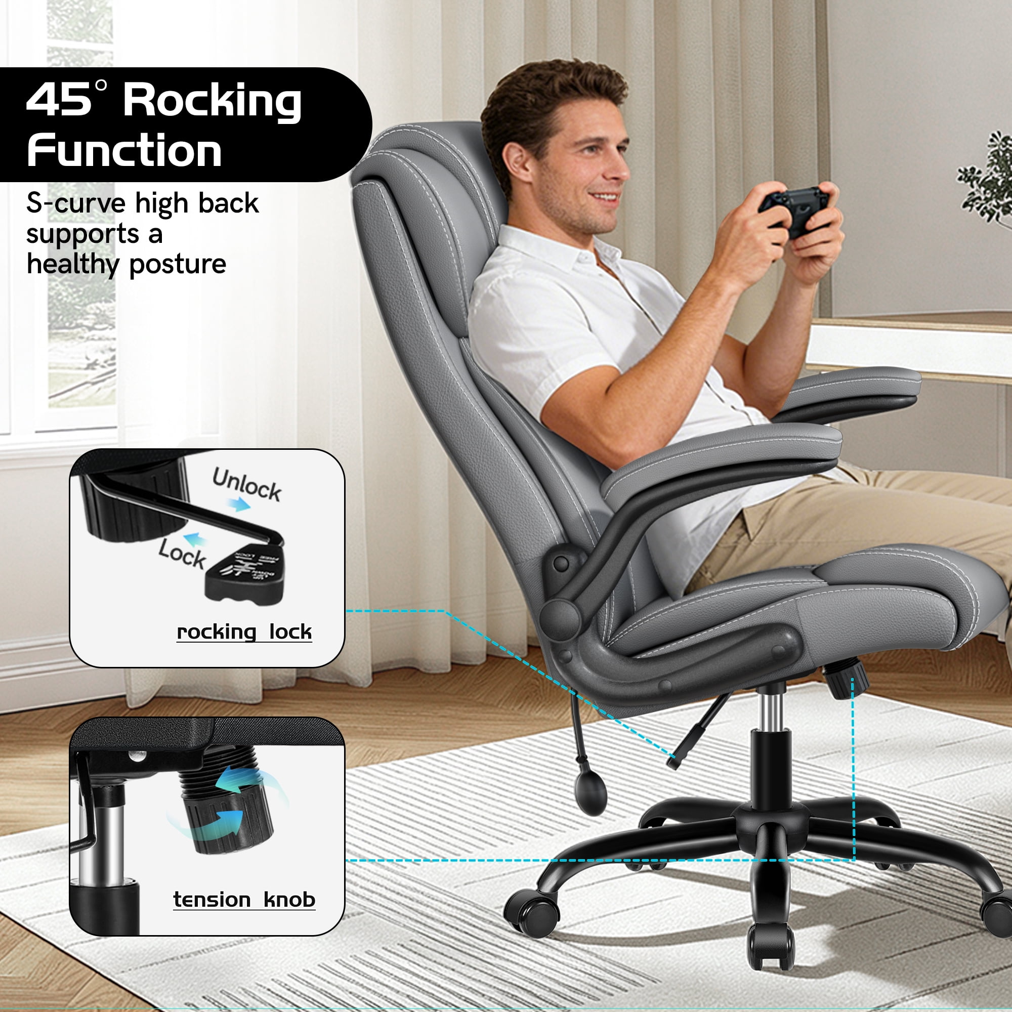 COOLHUT Big and Tall Office Chair 350LBS, Comfy Heavy Duty Executive Desk Chair with Adjustable Lumbar Support, Higth Back Computer Home Office Chair with Padded Flip -up Arms, Light Gray