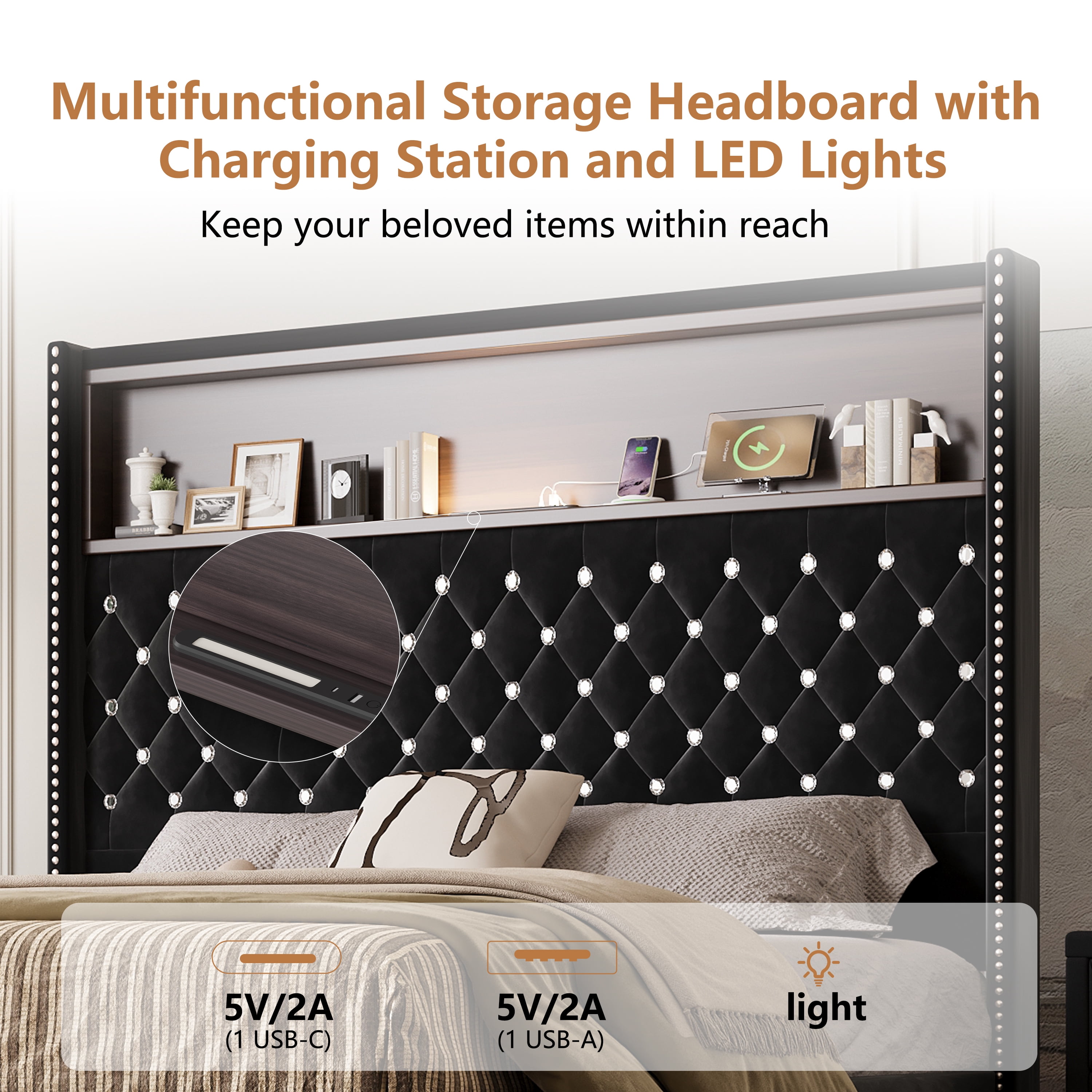 Euroco Upholstered Full Size Tuft Platform Bed with USB Ports and Night Light, Wing Back Headboard with Storage, Black