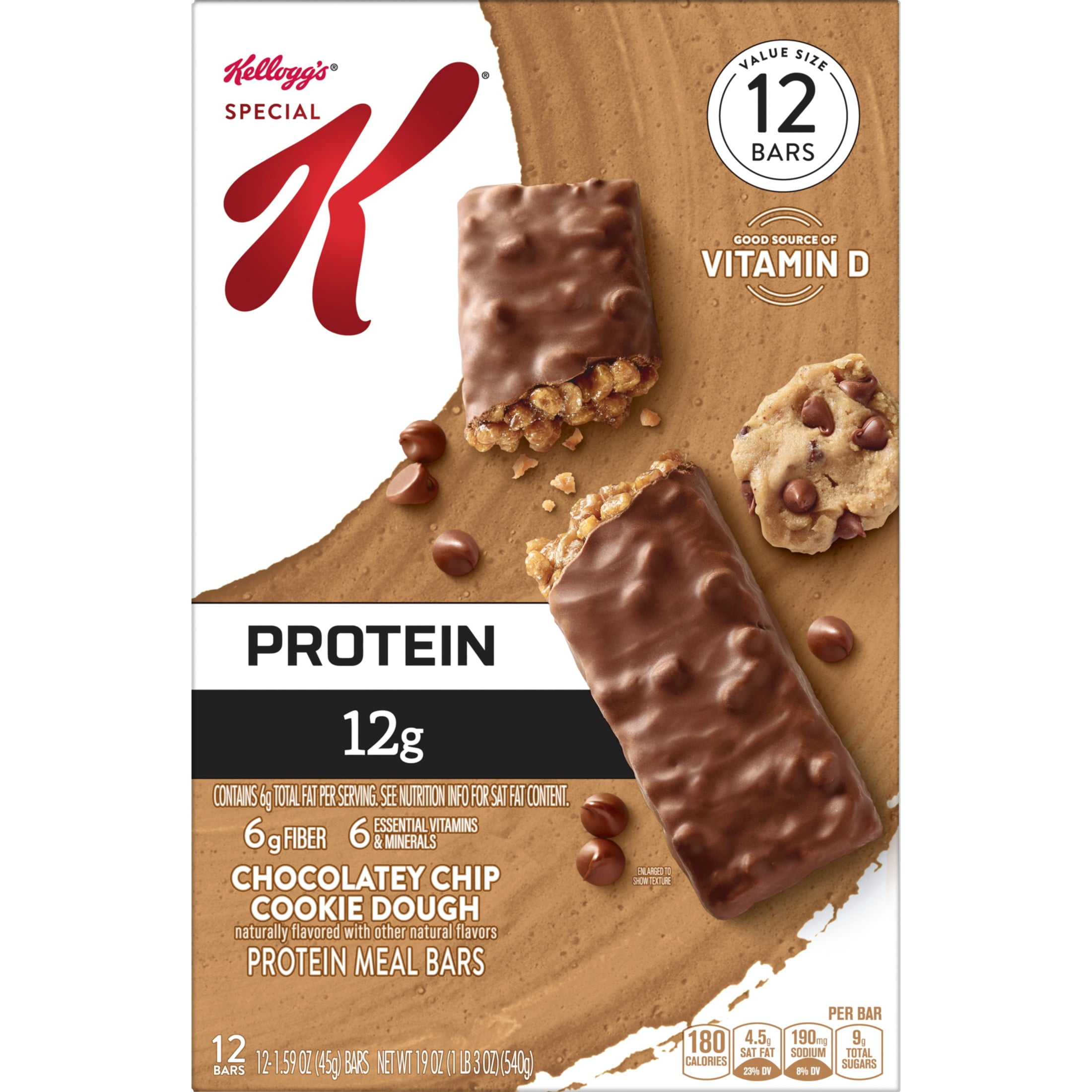 (2 pack) Special K Bar Chocolatey Chip Cookie Dough Chewy Protein Meal Bars, 12g Protein Snacks, 19 oz, 12 Count