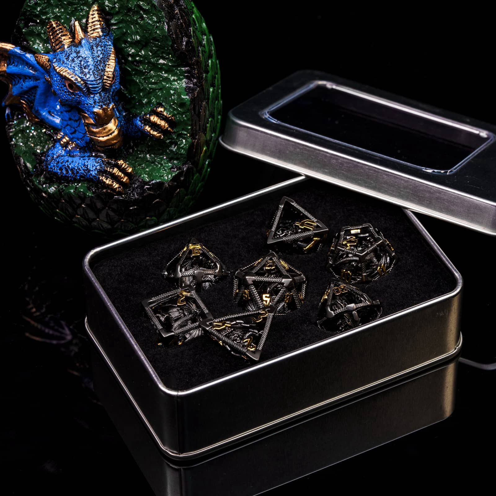 Cusdie Hollow Metal Dice, D&D Dice with Dragon Inside, 7 Pcs DND Dice Set, Polyhedral Dice Set, for Role Playing Game MTG Pathfinder