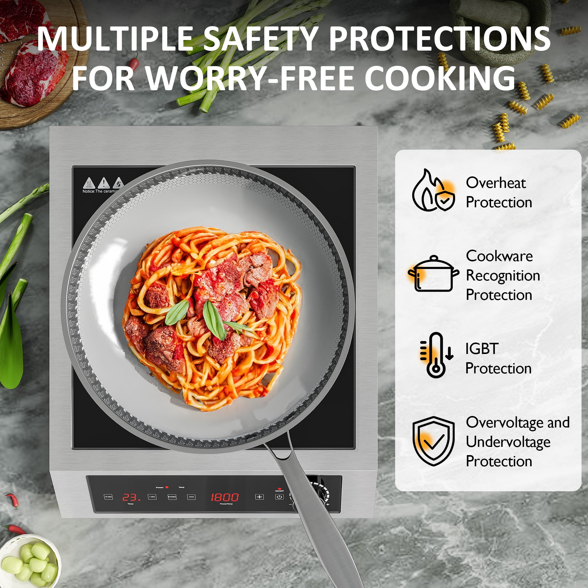 Sunvivi 1800W Portable Induction Cooktop, Commercial-Grade Electric Countertop Burner with Timer, Induction Hot Plate with LED Screen, 10 Power(100W-1800W), 14 Temp Setting(140°F-536°F),Black