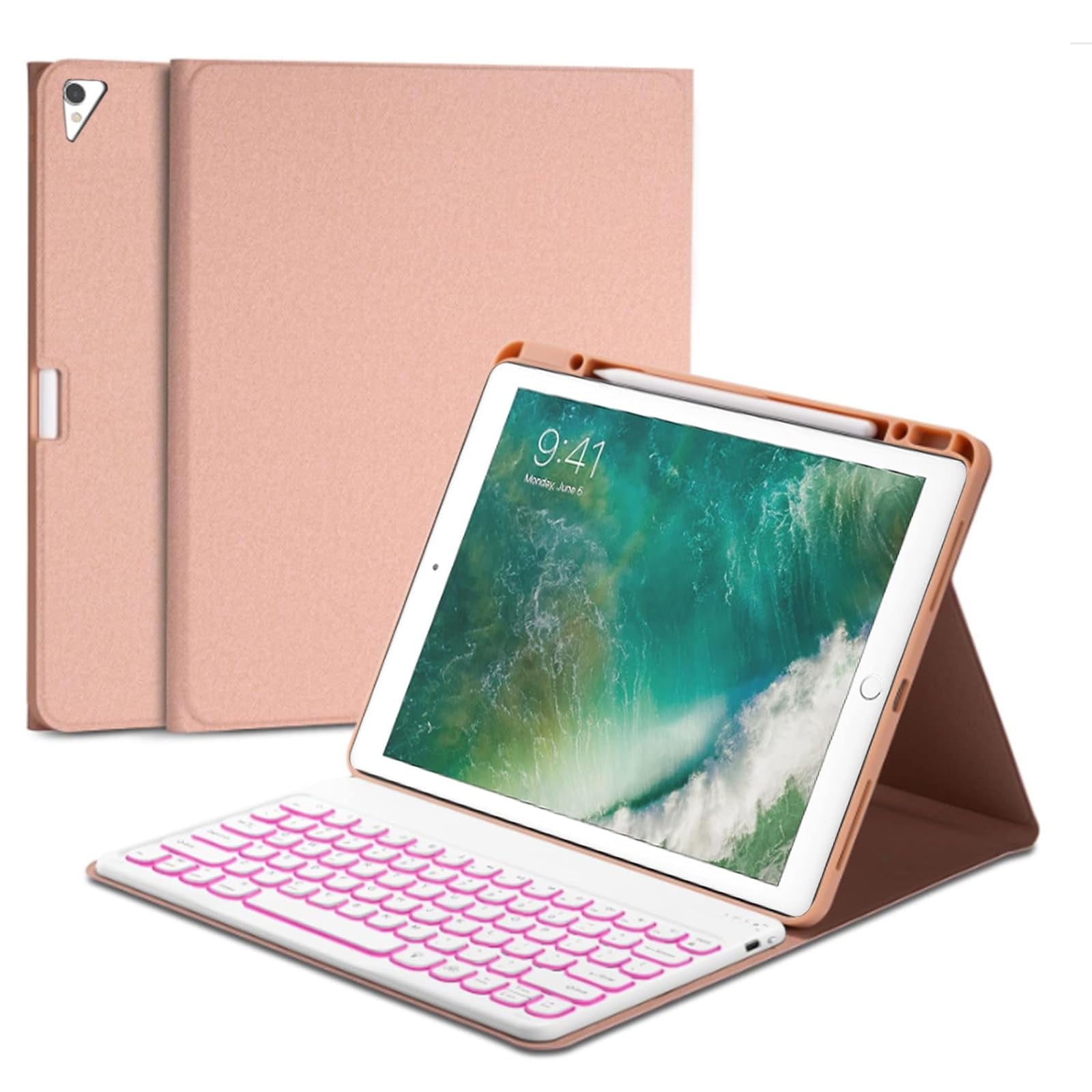 HPZZ Keyboard Case Compatible with iPad Pro 12.9 Inch (1st / 2nd Generation) with Pencil Holder, Smart Tablet Cover with 7 Color Backlit Detachable Wireless Keyboard