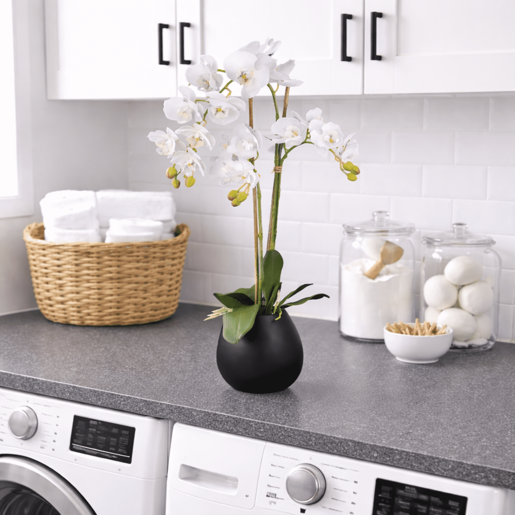 Artificial Plant, 2.67ft Artificial White Orchid in a Black Embossed Ceramic Pot by LCG Florals, Faux Designer Fake Indoor Tree for Living Room, Office, and Home Décor