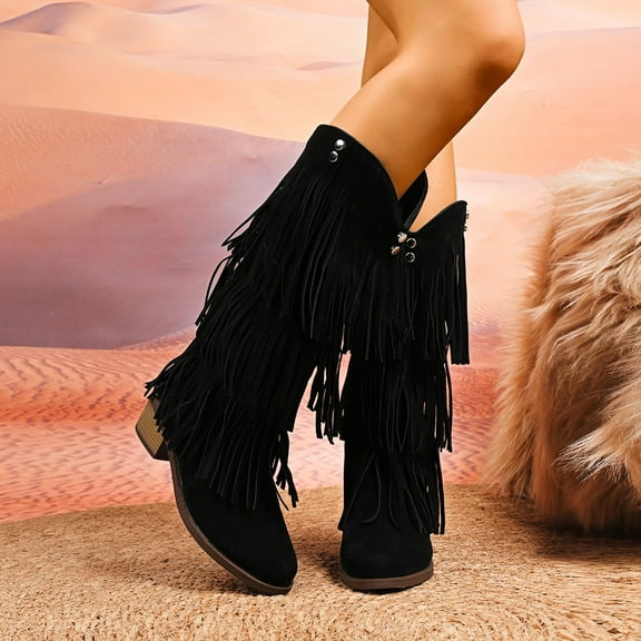 NTACZA Women Boots Western Black Wide Calf Mid-Calf Kitten Heel Fringe Cowgirl Shoes Womans Shoes 36