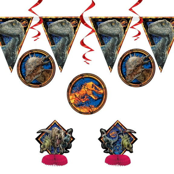 amscan Unique 59146 Jurassic World 2 Party Decoration Kit, 7 Ct.(2 Mini honeycombs 6" 1 Flag Banner 8' 4 Hanging Decoration 36")