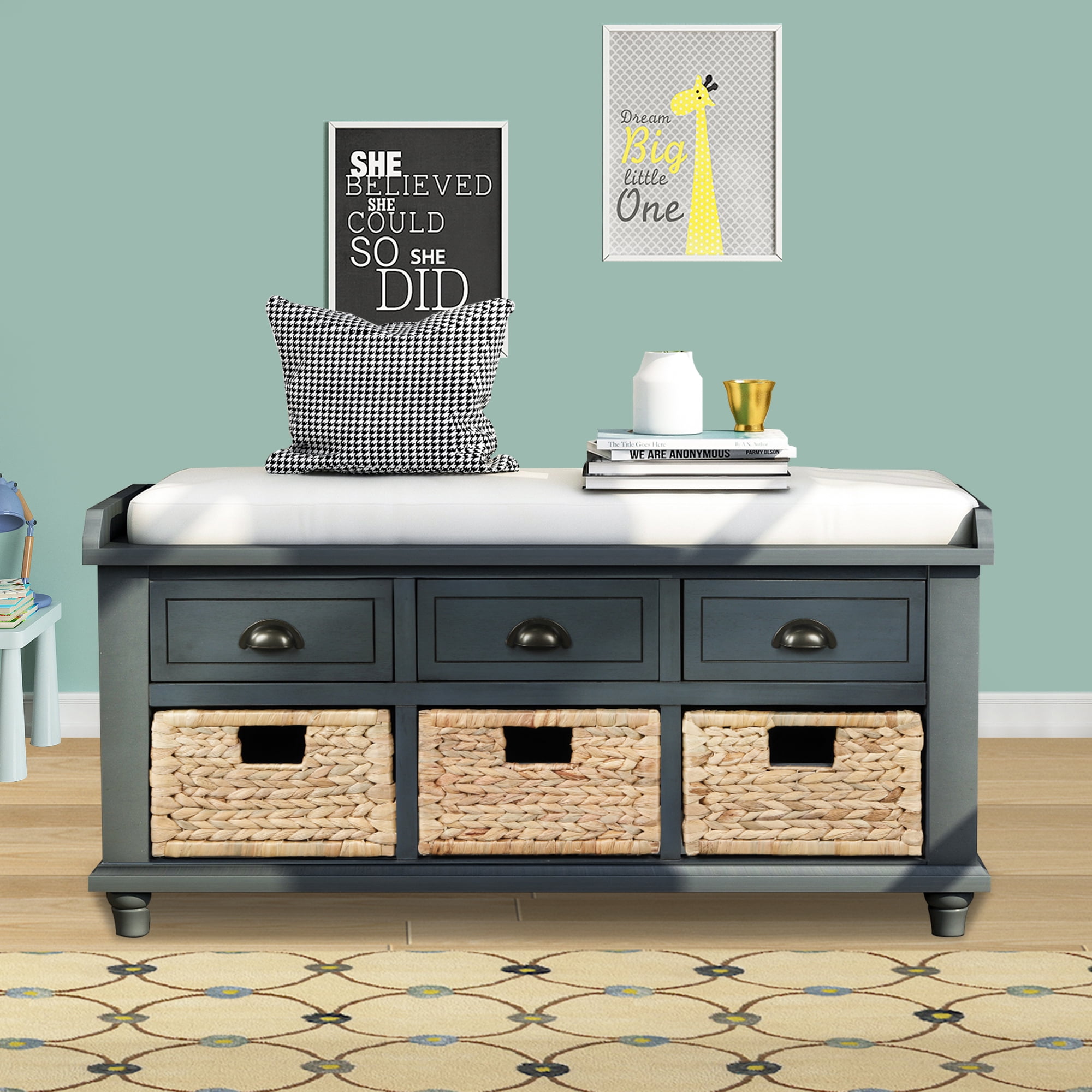 SKYLAND Storage & Upholstered Bench, Antique Navy