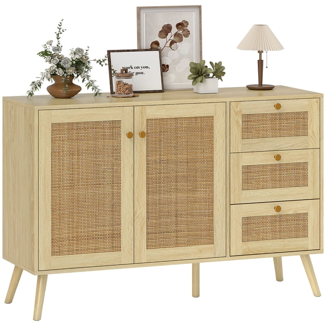 HOMCOM 47" Rattan Sideboard Buffet Cabinet with Soft-Close Doors, Natural