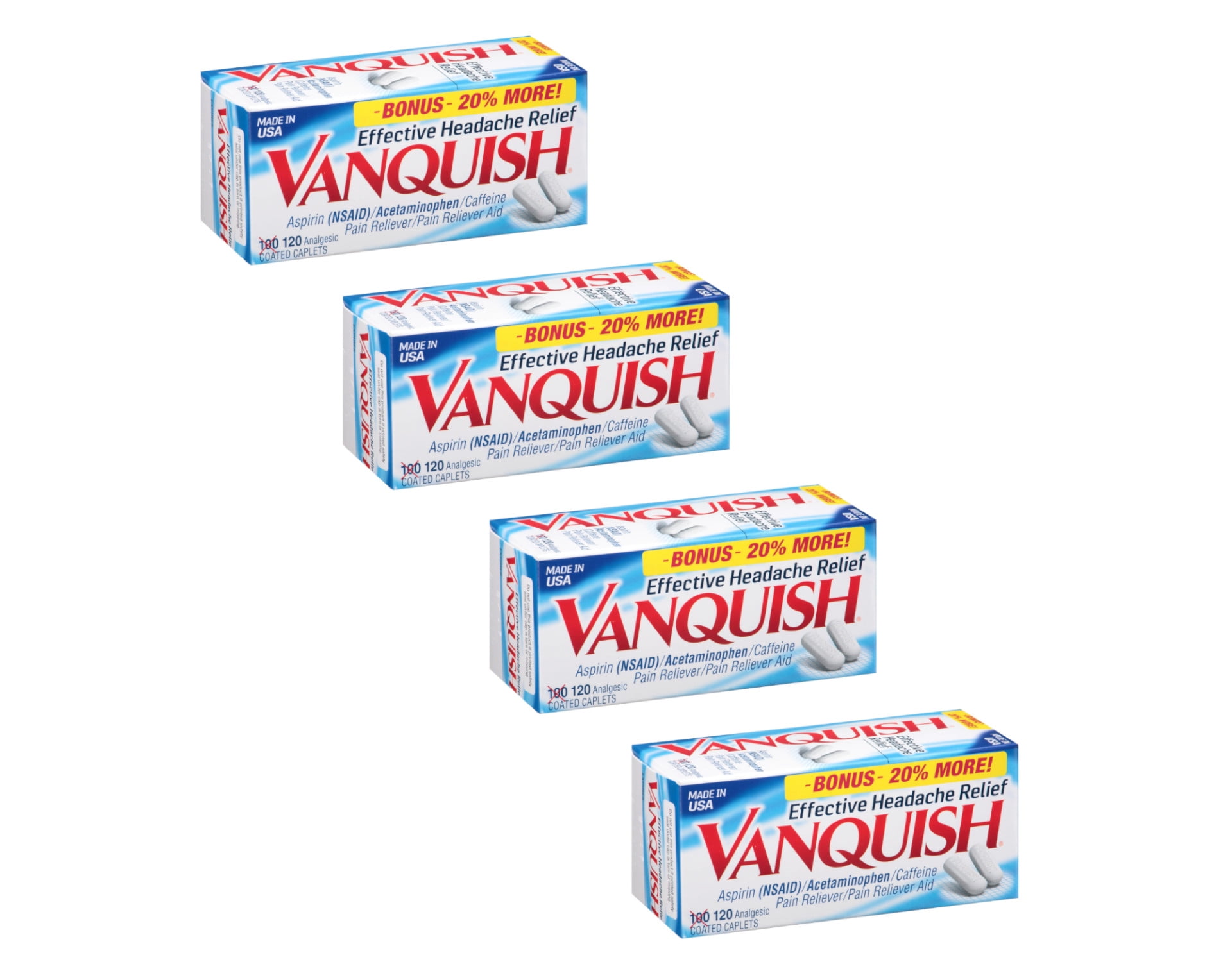 Vanquish Effective Headache Relief Aspirin Pain Reliever, 120 Count Pack of 4