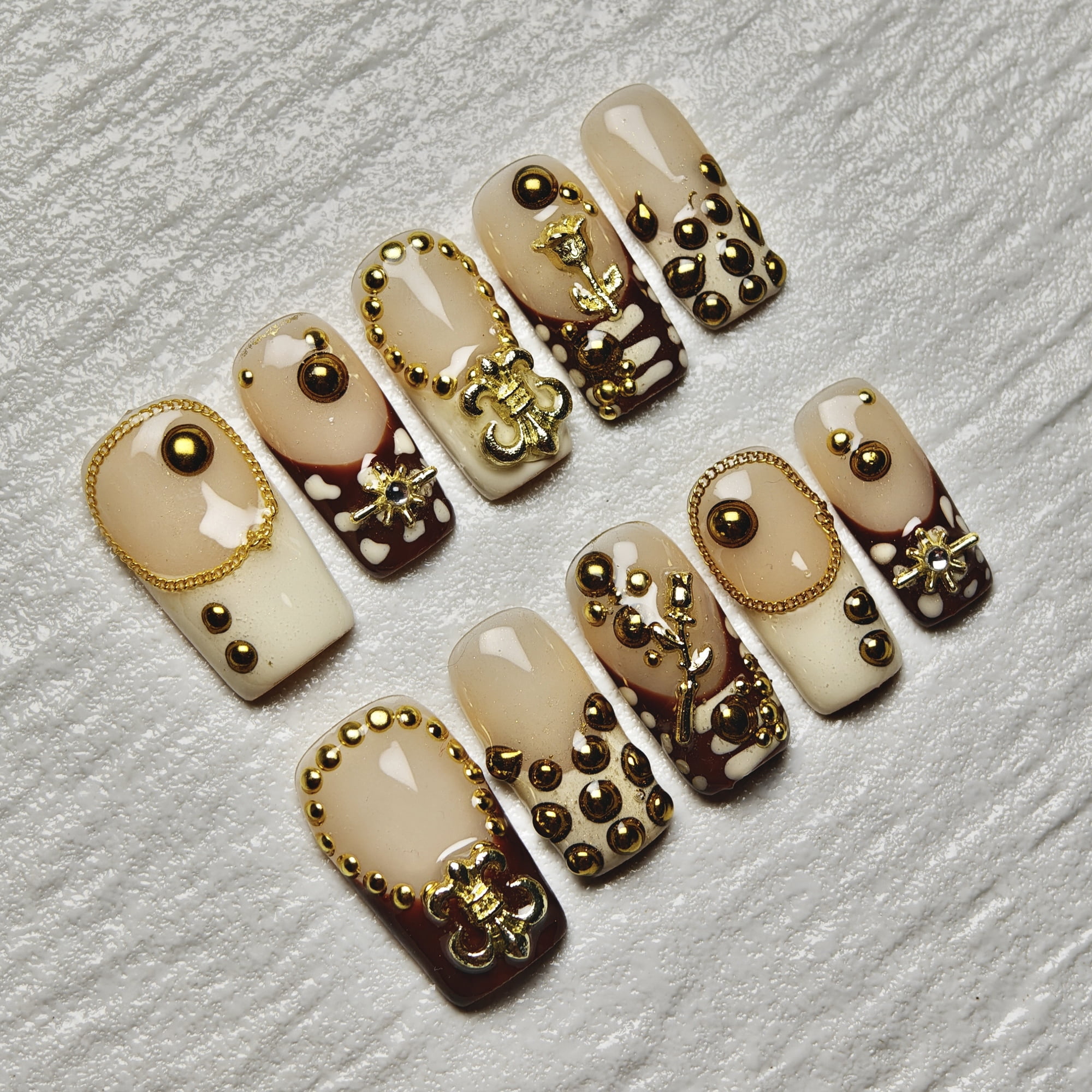 10pcs Square Medium Handmade Y2K Nails - Brown & Nude Designs, 3D Gold Beads, Chains & Floral Accents, Summer, Independence Day, Goth & Vintage Style