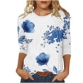 thumbnail image 2 of Spring Tops for Women Homenesgenics Clothes under $5.00 Women's Fashion Printed T-shirt 3/4 Sleeves Blouse Round Neck Casual Tops(Blue,XL), 2 of 5