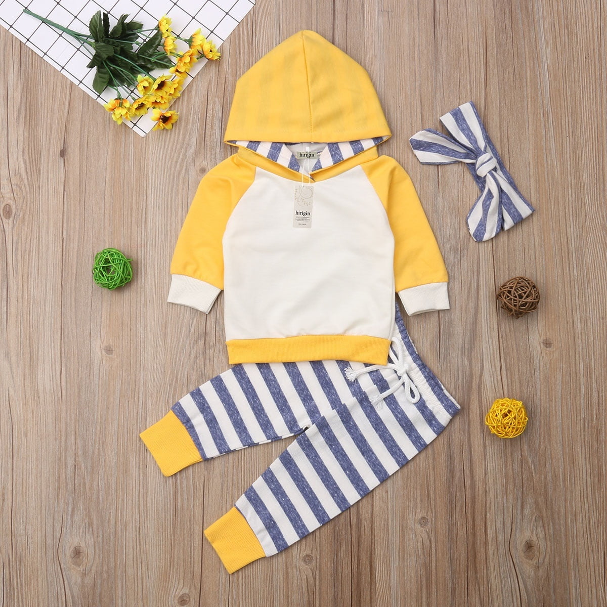 Sunloudy 3pcs Infant Baby Girl Boy Clothes Hooded Tops Pants Tracksuit Outfits Set Age For 0 24 Months Yellow