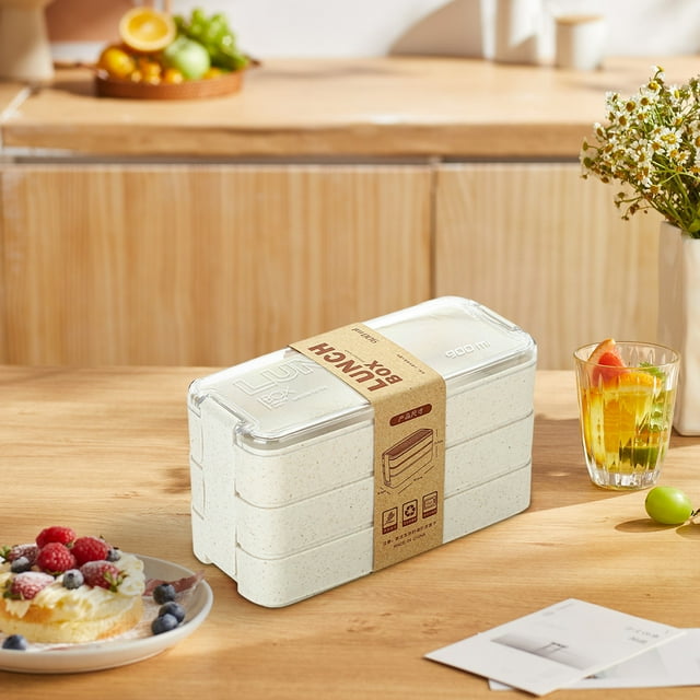 EGNMCR Lunch Box, Bento Boxes W Heat Straw Three-layer Lunch Box For Office Workers Can Be Microwave Heated Layered Lunch Box Student Compartment Lunch Box Lunch boxs