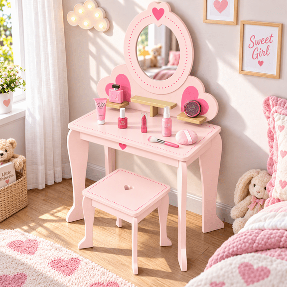 LAZY BUDDY Kids Vanity Set with Stool & Mirror, Toddler Pretend Makeup Dressing Table Set with 8pcs Accessories, Gift for Girls 2-3