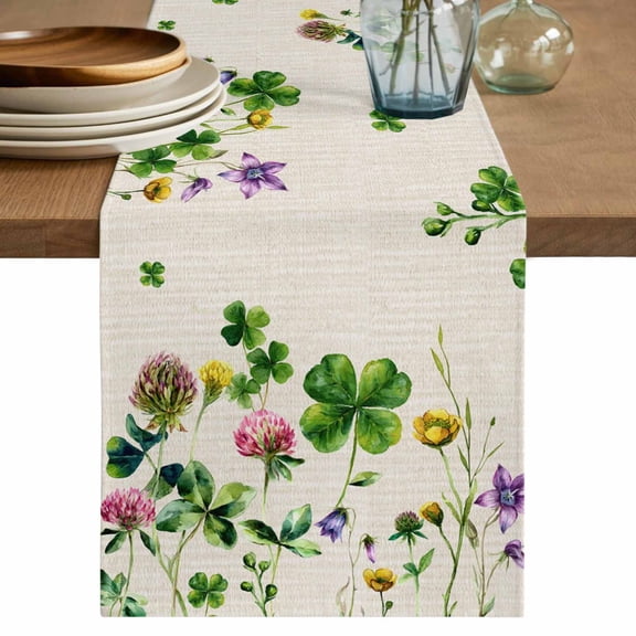 St. Patrick's Day Table Runner 72 Inches, Colorful Shamrocks Floral Botanical Beige Bed Runner Dresser Scarves Tabletop for Indoor Outdoor Parties/Ceremony/Banquet, 16" x 72"