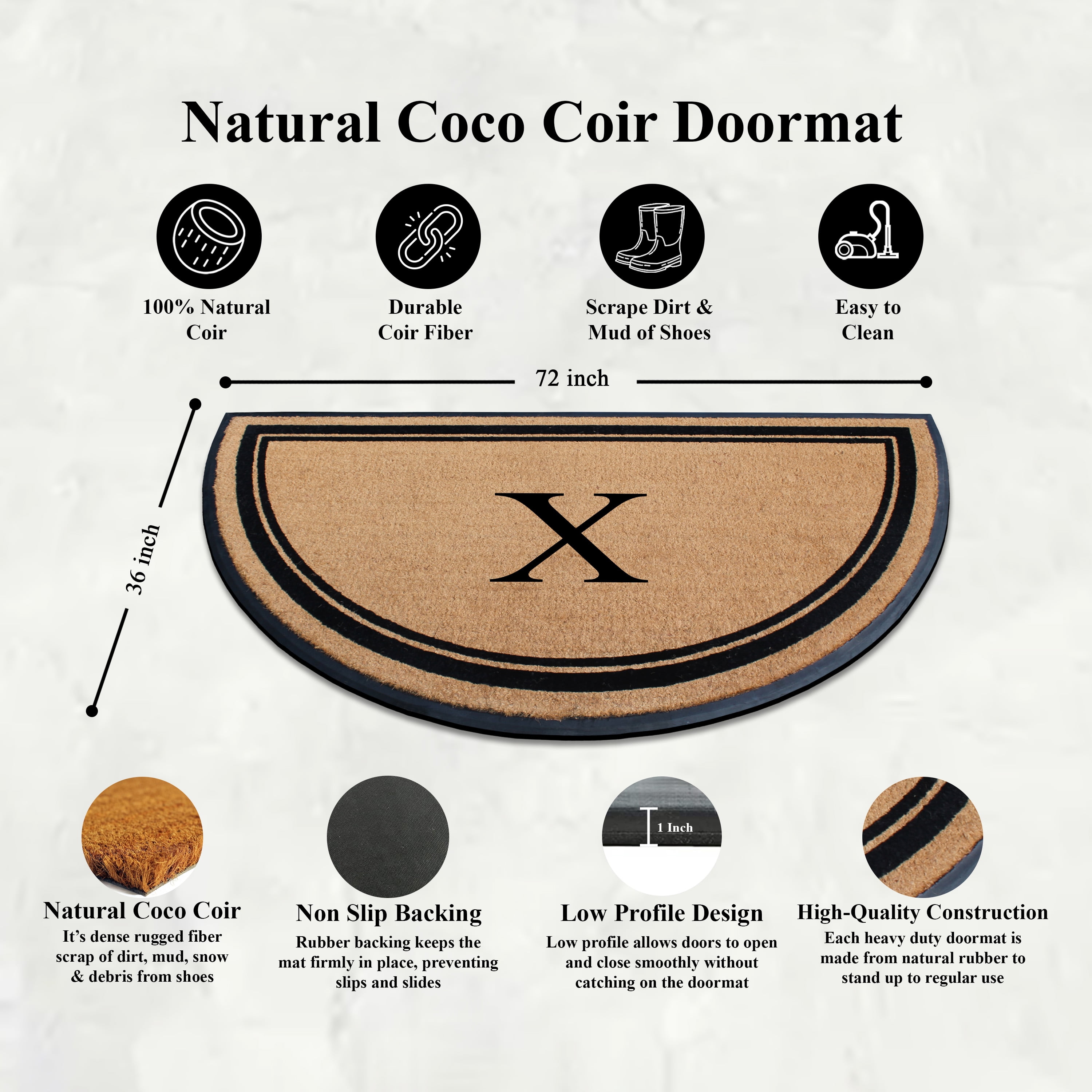 A1HC 36"x72" Natural Coir & Rubber Semicircular Monogrammed Door Mat, Thick, Durable, Heavy-Duty Welcome Mat for Front Door, Black Border